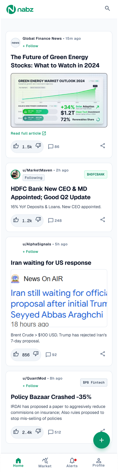 Nabz app community feed with news and stock discussions